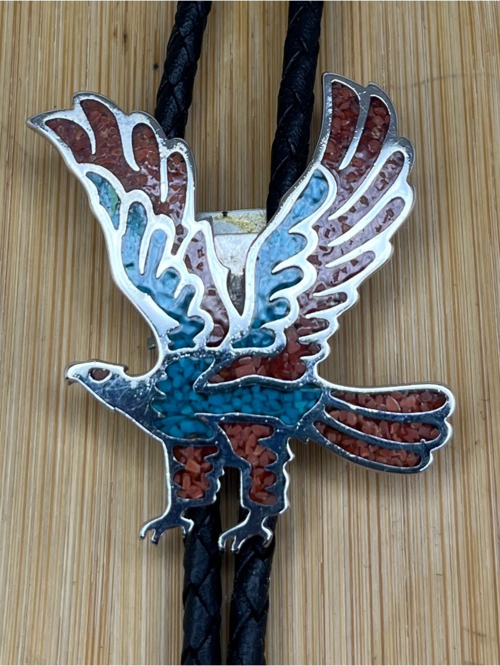 Vintage Southwestern Turquoise Coral Chip Inlay Eagle Bolo Tie Leather Cordless